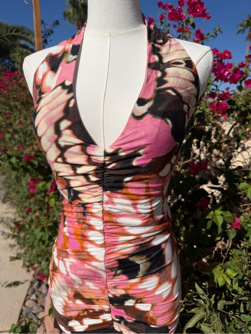 Pink Floral Ruched Halter Dress - Picture 2 of 4